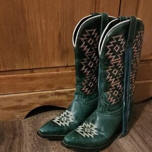 Green Tribal Sniptoe Cowboy Boots W/ Tassels
